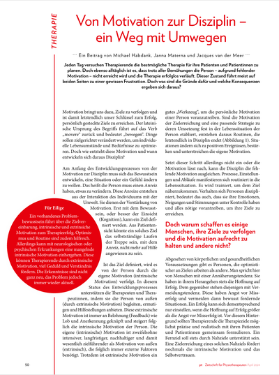 Von Motivation zur Disziplin Von Motivation zur Disziplin – ein Weg mit Umwegen.<br /><br />..... Jeden Tag versuchen Therapierende die bestmögliche Therapie für ihre Patienten und Patientinnen zu<br />planen. Doch ebenso alltäglich ist es, dass trotz aller Bemühungen die Person – aufgrund fehlender<br />Motivation – nicht erreicht wird und die Therapie erfolglos verläuft. Dieser Zustand führt meist auf<br />beiden Seiten zu einer gewissen Frustration. Doch was sind die Gründe dafür und welche Konsequenzen<br />ergeben sich daraus?. ..........<br /><br />*Publiziert: Zeitschrift pt Zeitschrift für Physiotherapeuten 04.2024